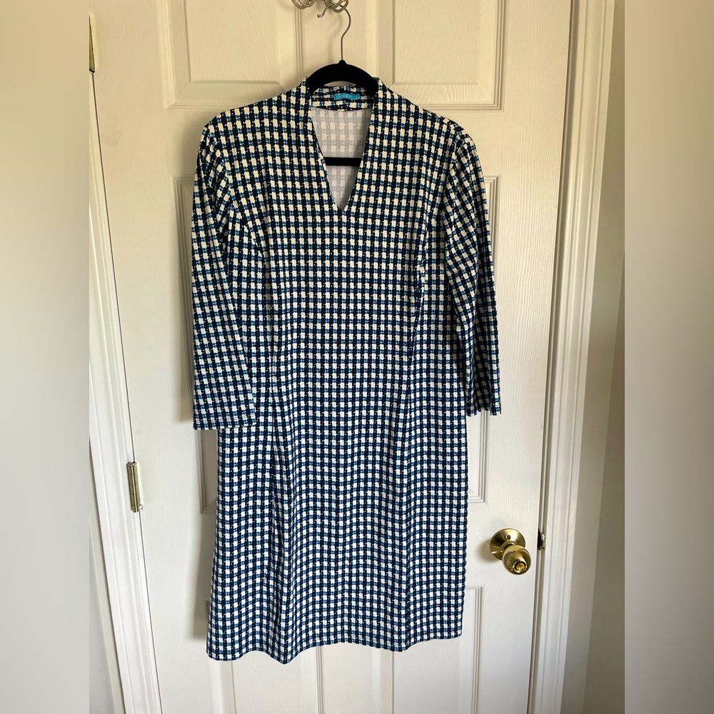 J. McLaughlin Navy and White Check V-Neck Sheath Dress